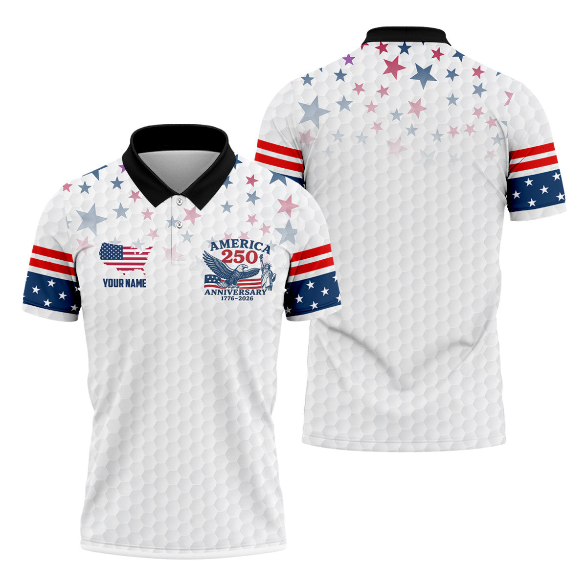America 250th Anniversary Red White And Blue Stars White Golf Shirt, Patriotic 4th Of July Golf Shirts For Men