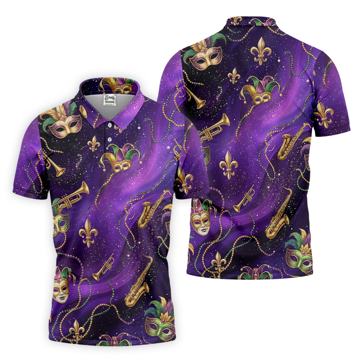 Golden Fleur De Lis Trumpet And Saxophone Mardi Gras Masquerade Mask Purple Golf Shirt, Golf Shirts For Men