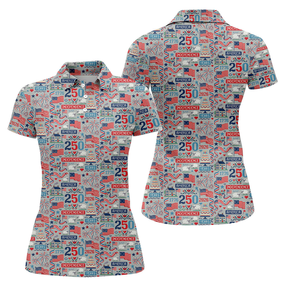 America Independence 250 Years Grey Golf Shirt, Patriotic 4th Of July Golf Shirt For Women