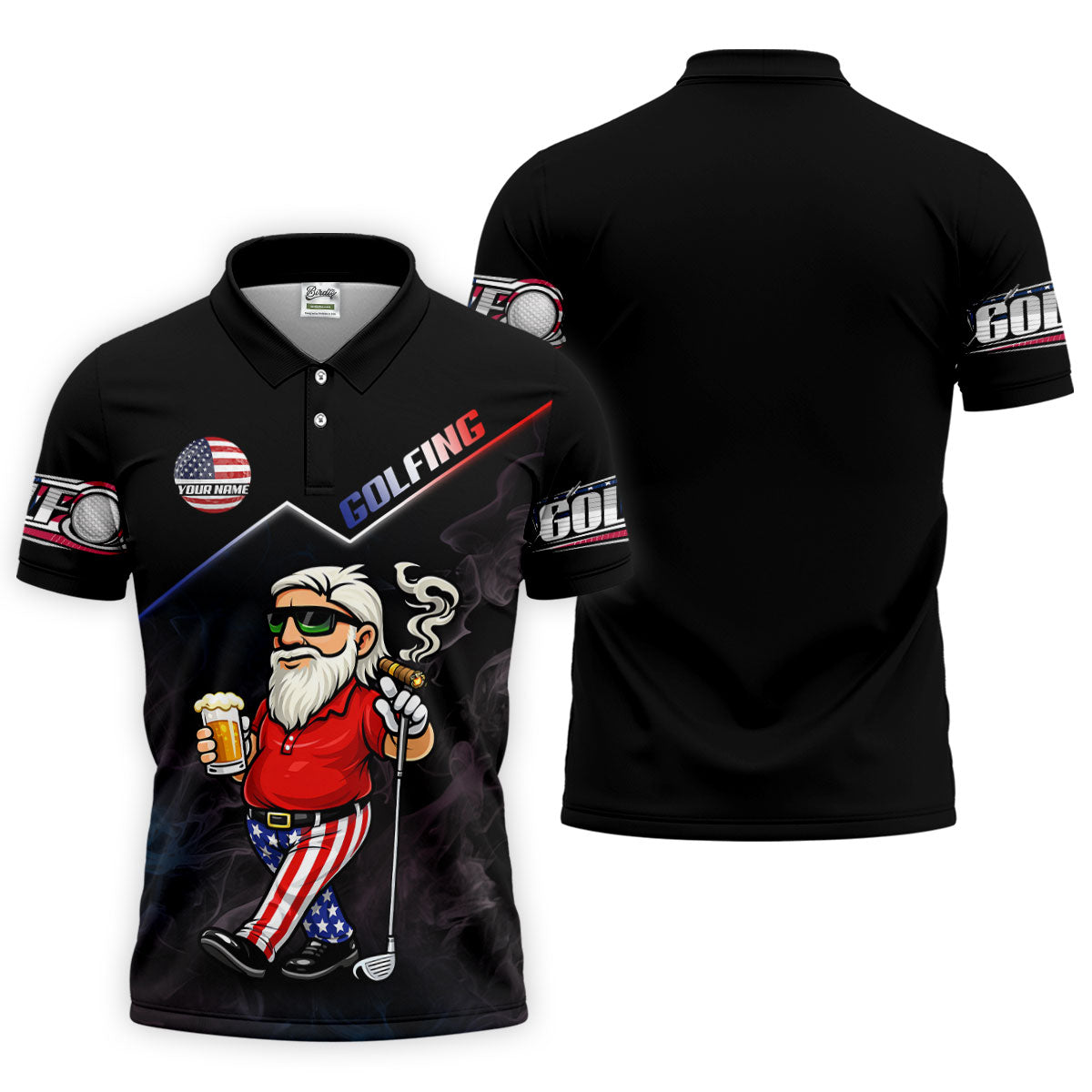 Patriotic Man Golf And Beer Custom Name Funny 4th Of July Golf Shirt, 250th Anniversary Golf Shirts For Men