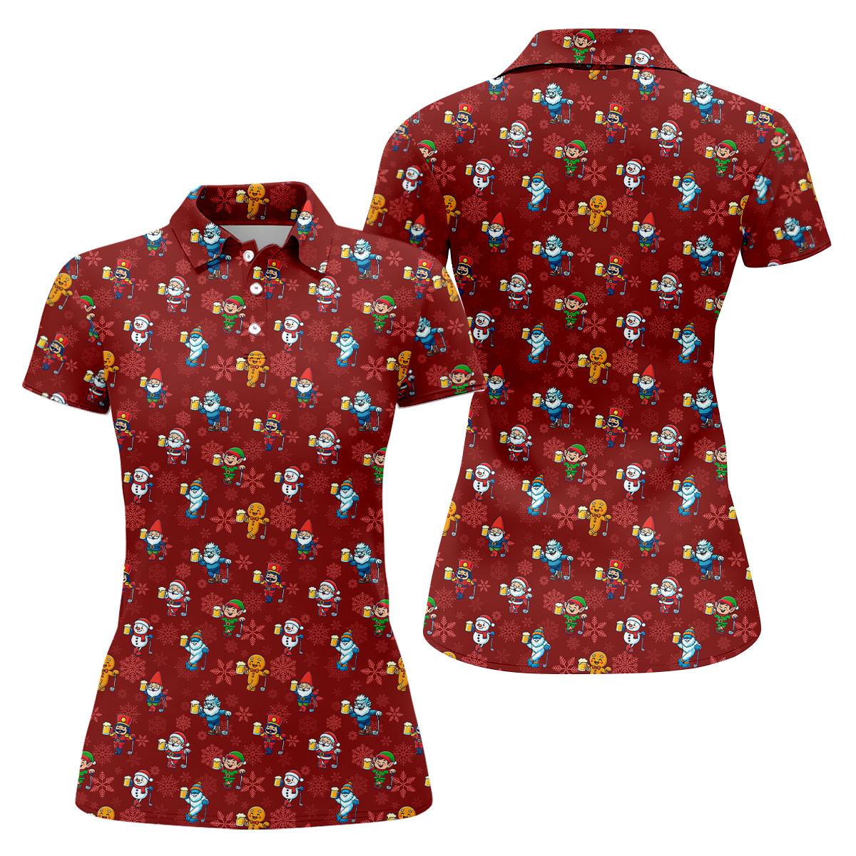 Christmas Characters Golf And Beer Red Women's Funny Golf Shirts, Christmas Golf Shirt, Polo ShirtFor Women