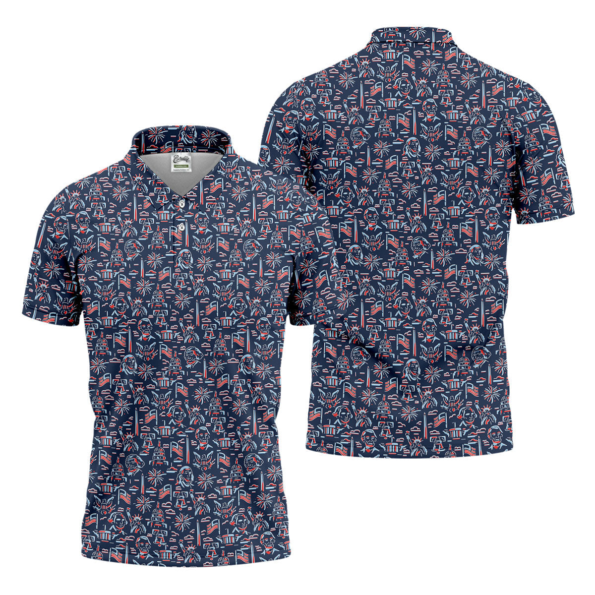 Red White Blue Outlined Patriotic American 250th Anniversary Navy Golf Shirt, 4th Of July Golf Shirts For Men