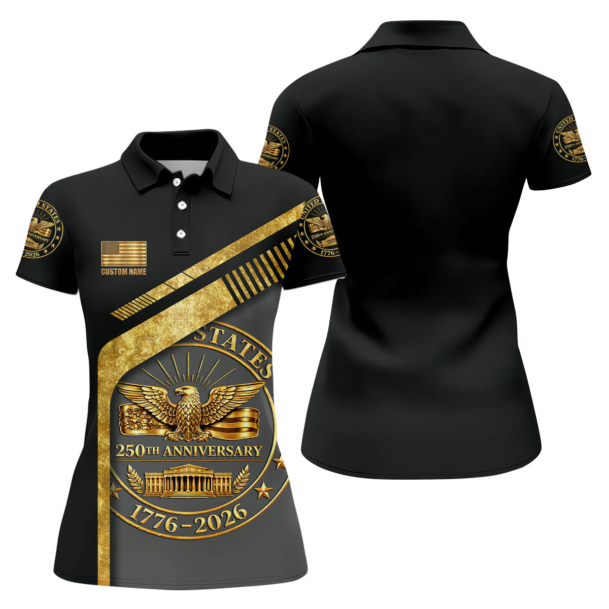 US 250th Anniversary Black And Gold Patriotic 4th Of July Golf Shirt, Custom Name Golf Shirt For Women