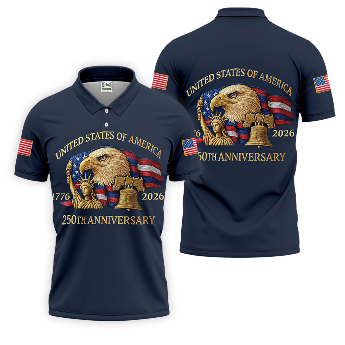 US America 250th Anniversary Patriot Eagle Embroidery Effect Golf Tops For Men, Patriot Golf Shirts For Men