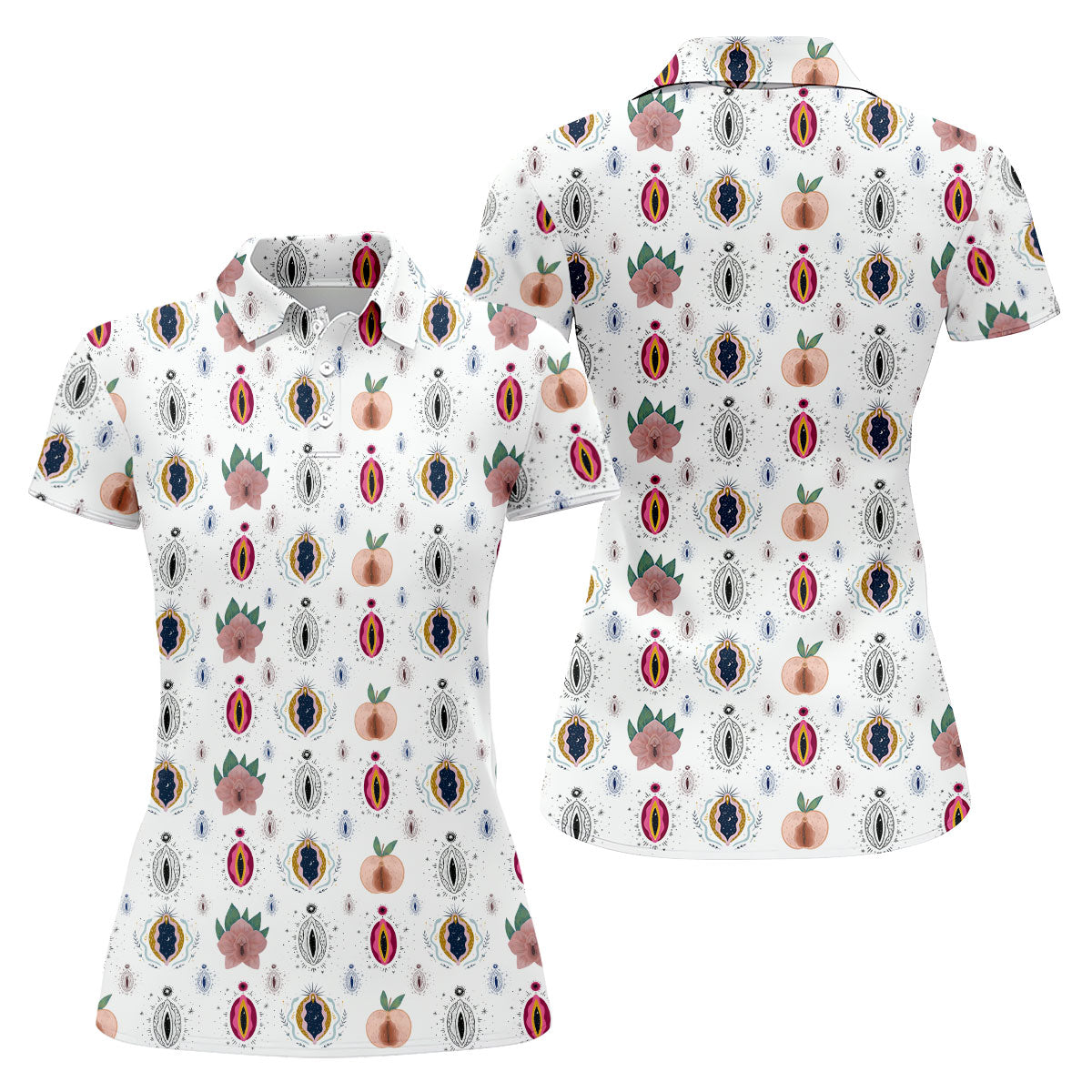 Abstract Peach Botanical Pattern Golf Shirt, Ladies Golf Shirts, Women’s Golf Apparel