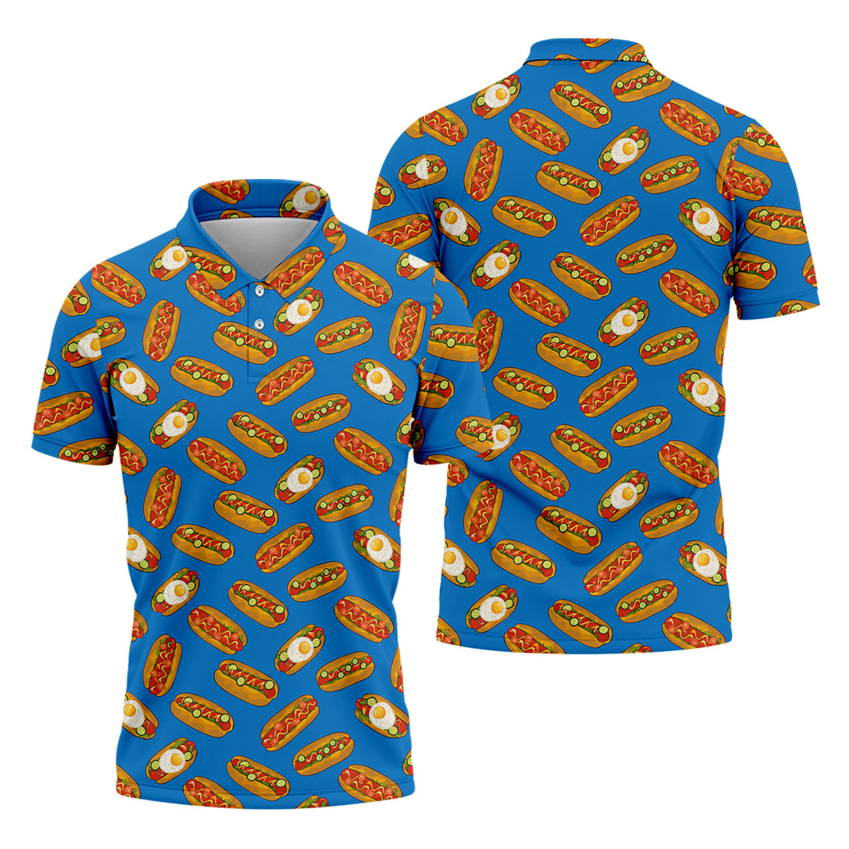 Blue Hot Dog And Fried Egg Pattern Golf Shirt, Hawaiian Golf Shirt, Mens Golf Shirts, Golf Apparel For Men