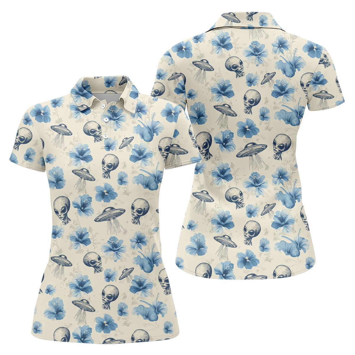Funny Alien Blue Hibicus Tropical Theme Hawaiian Golf Shirt, Golf Shirt For Women, Golfing Apparel