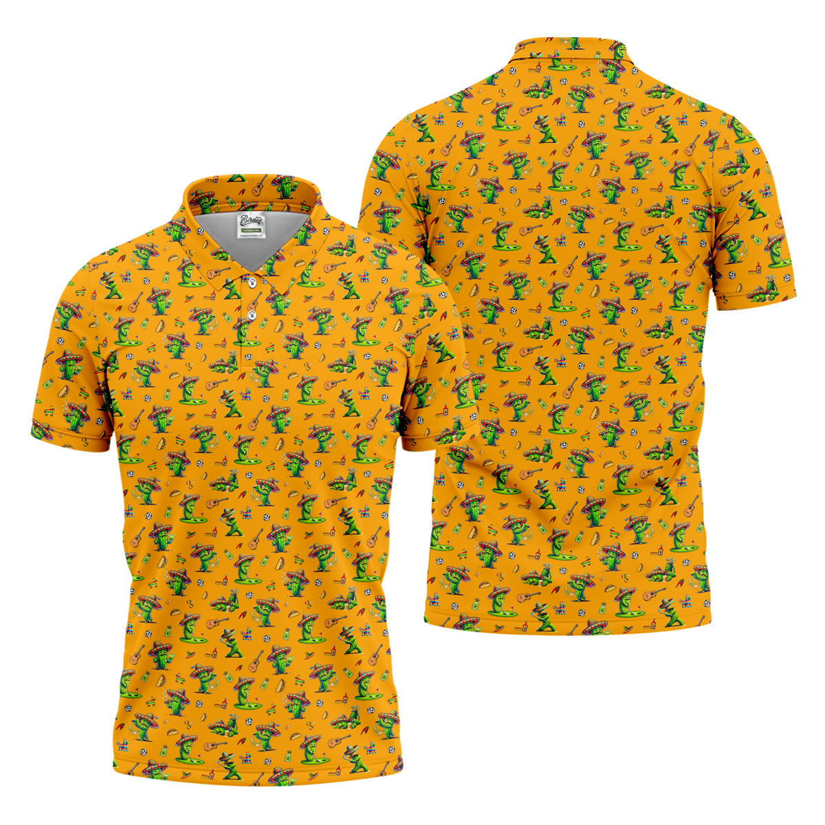 Cartoon Mustach Funny Cactus Cinco De Mayo Celebration Fiesta Themed Orange Golf Shirts For Men