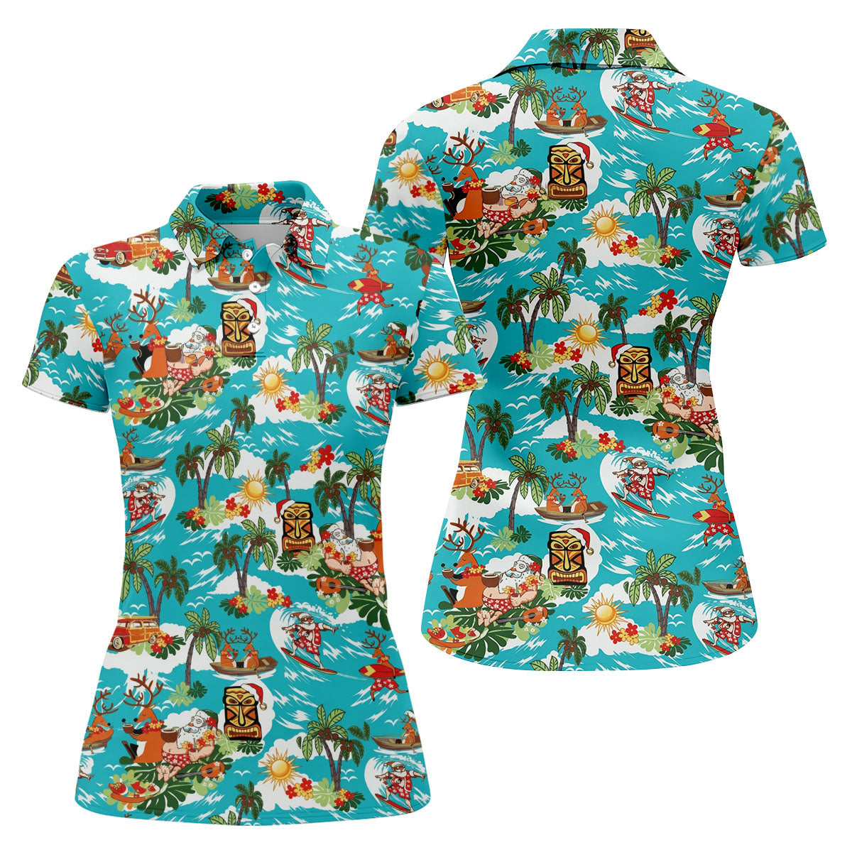 Women's Funny Surfing Santa Hawaiian Golf Shirt, Christmas Golf Shirt, Women’s Golf Polo