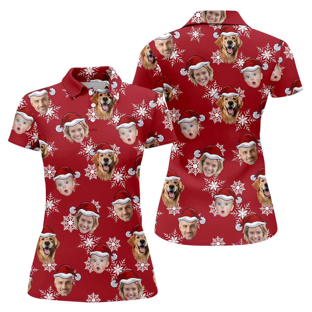 Custom Face Dark Red And White Christmas Women's Golf Tops, Ladies Golf Shirts, Christmas Golf Gift