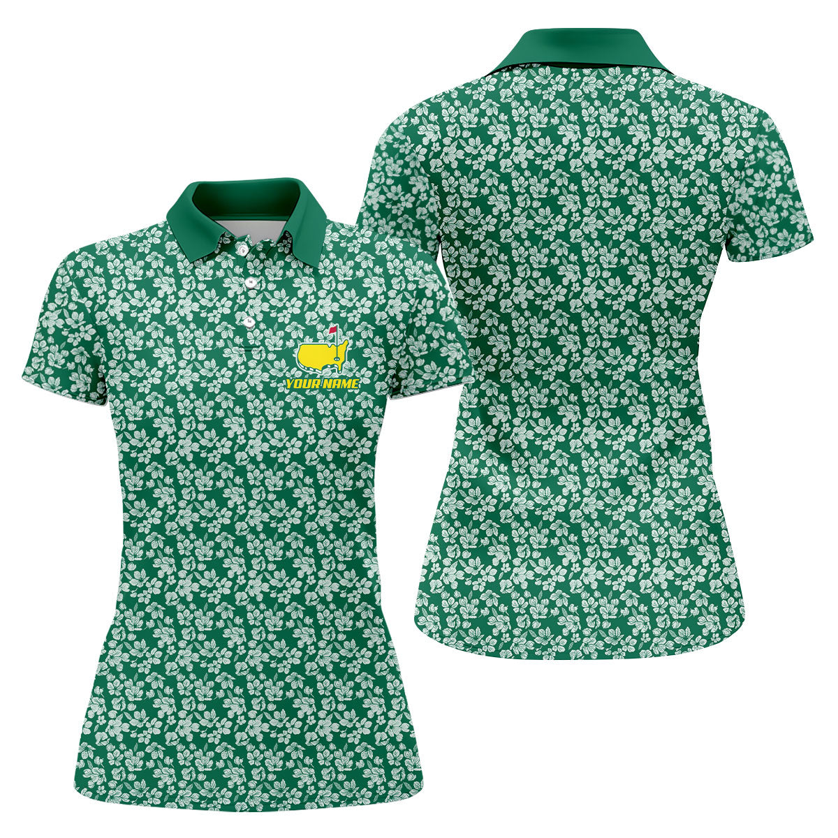 Floral Silhouette Green And White Women's Golf Tops, Ladies Golf Shirts, Women's Polo Shirt