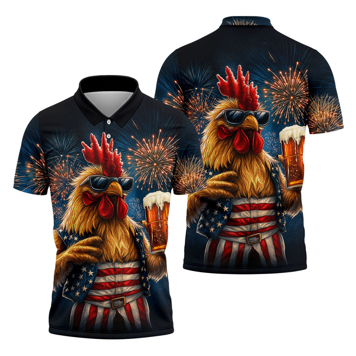 Rooster Beer USA Patriotic Hawaiian Golf Shirt, 250th Anniversary Tropical Vibe Men's Golf Shirt