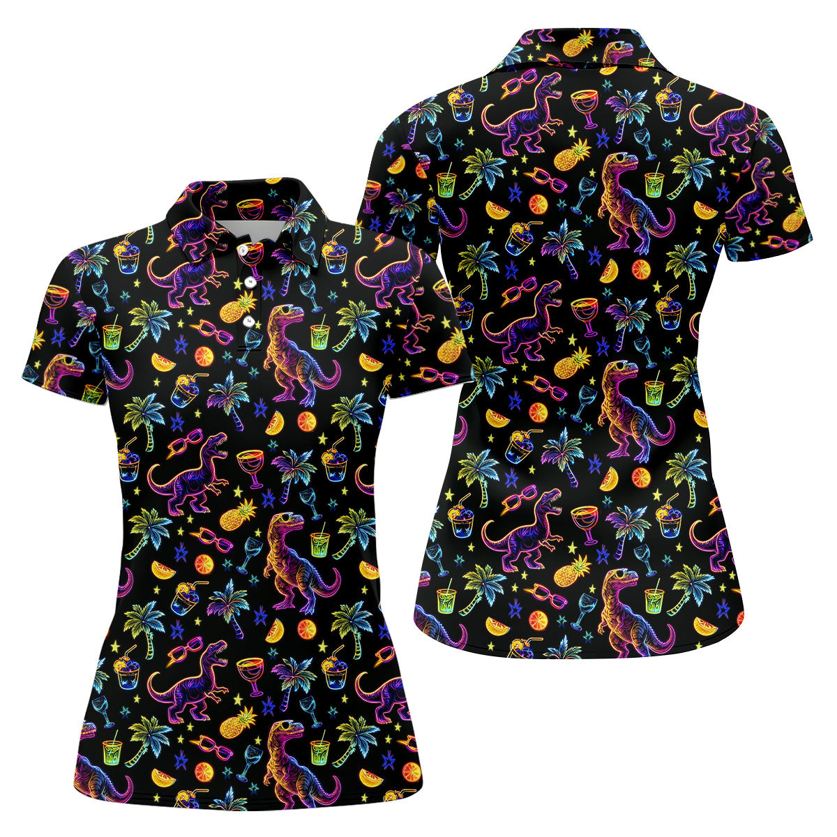Neon Dinosaur Tropical Theme Hawaiian Golf Shirt, Golf Shirt For Women, Golfing Apparel