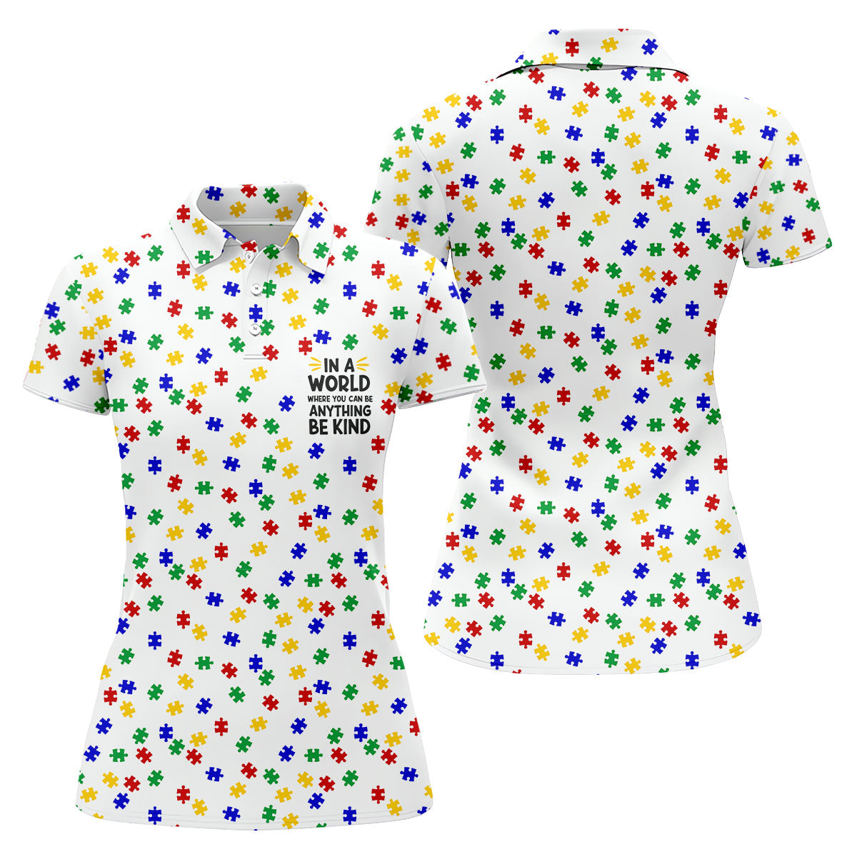 In A World Where You Can Be Anything Be Kind Women's Golf Tops, Autism Awareness Color Ladies Golf Polos