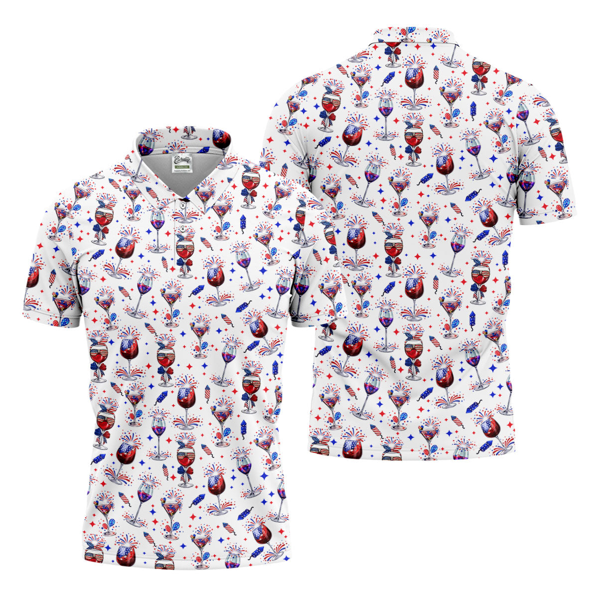 Wine And Martini American Flag Pattern Patriotic 4th Of July White Golf Shirt, 250th Anniversary Golf Shirts For Men