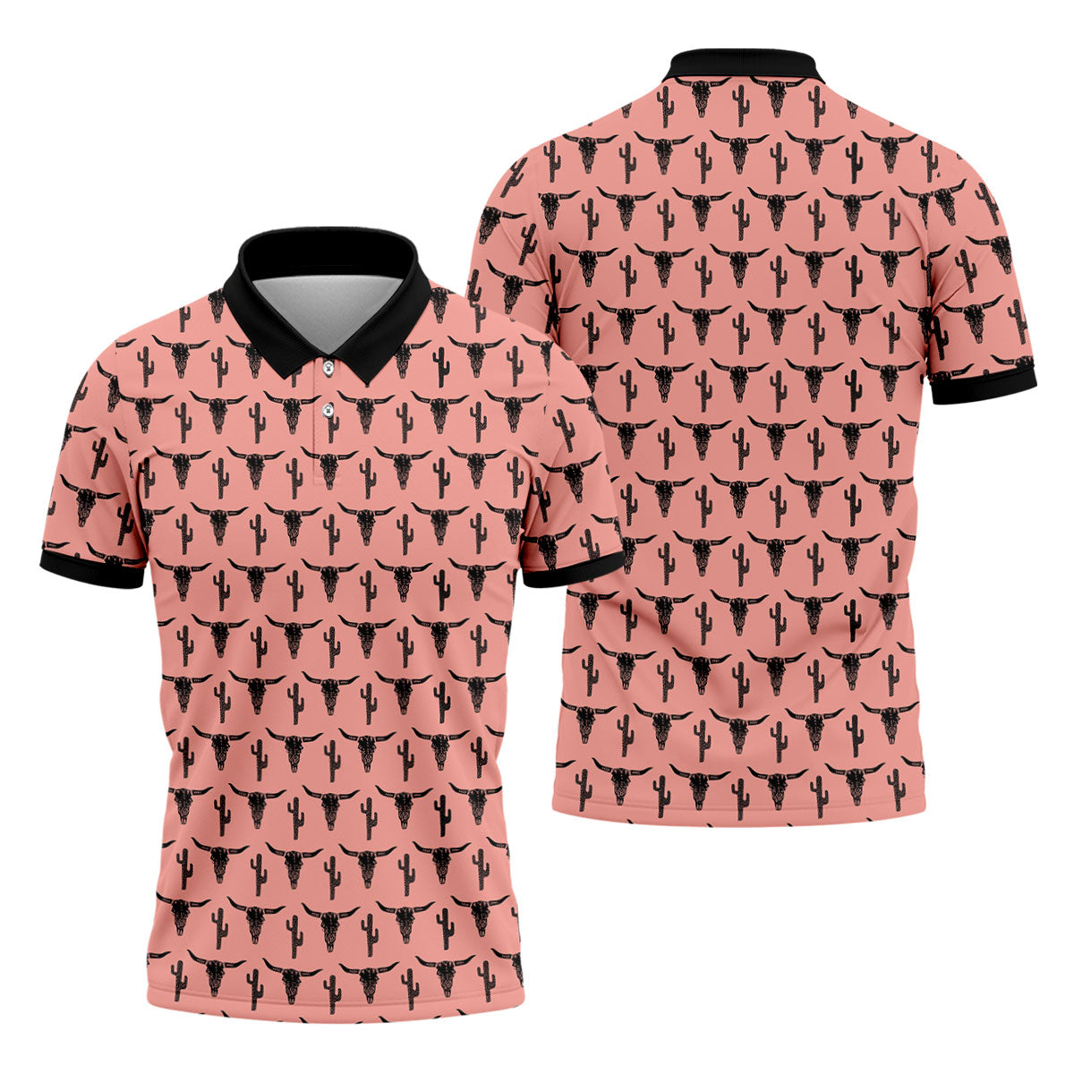Longhorn Cow Skull Western Theme Peach Pink Golf Tops For Men, Polo Shirtor Men, Golf Shirts For Men