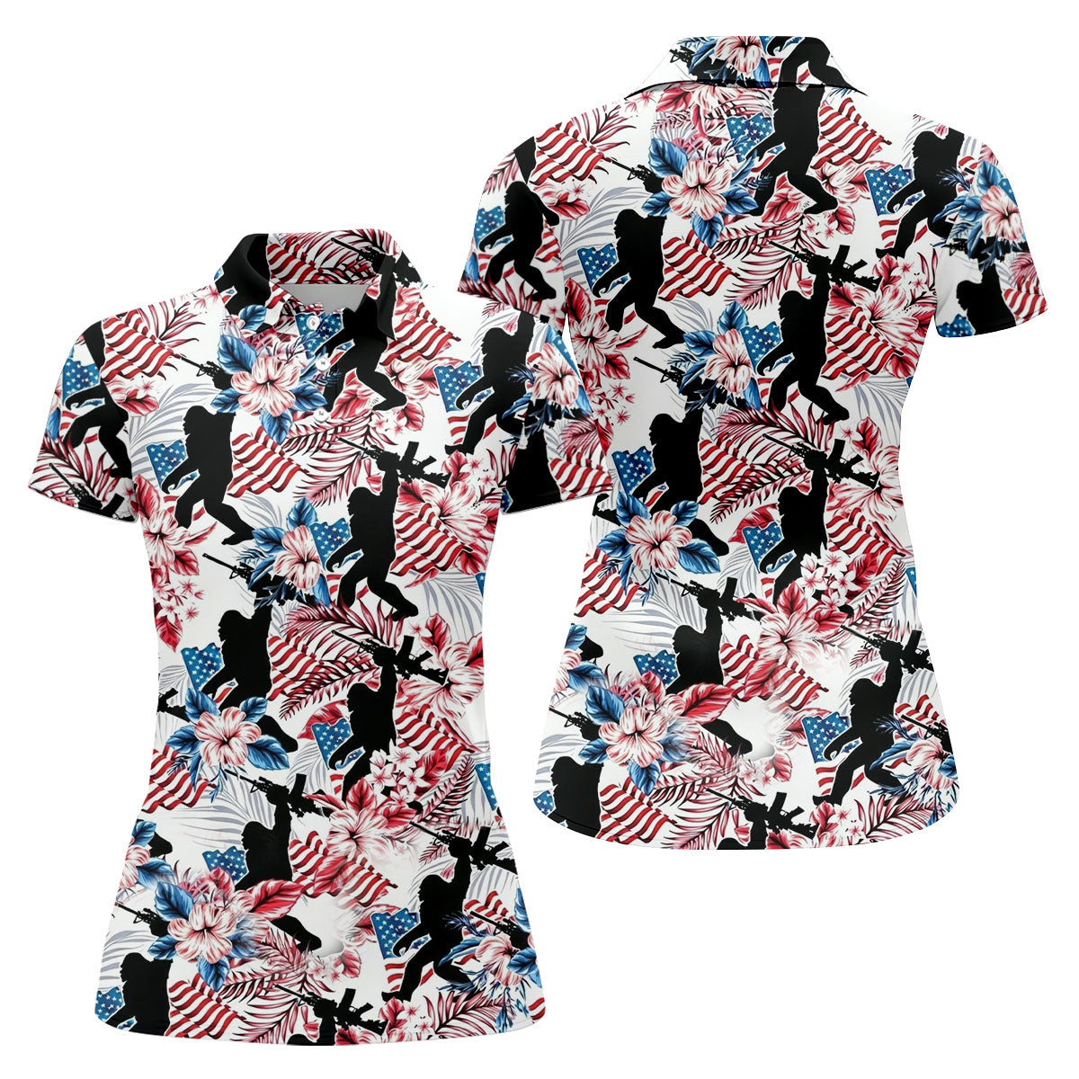 Hawaiian Bigfoot Patriotic 4th Of July American Flag Golf Shirt, 250th Anniversary Women Golf Top