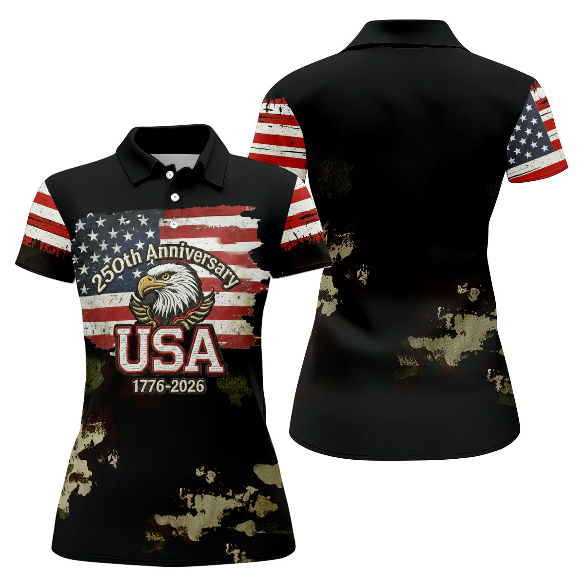 250th Anniversary USA 1776-2026 Distressed Flag Golf Shirt For Women, Patriotic 4th Of July Golf Shirt