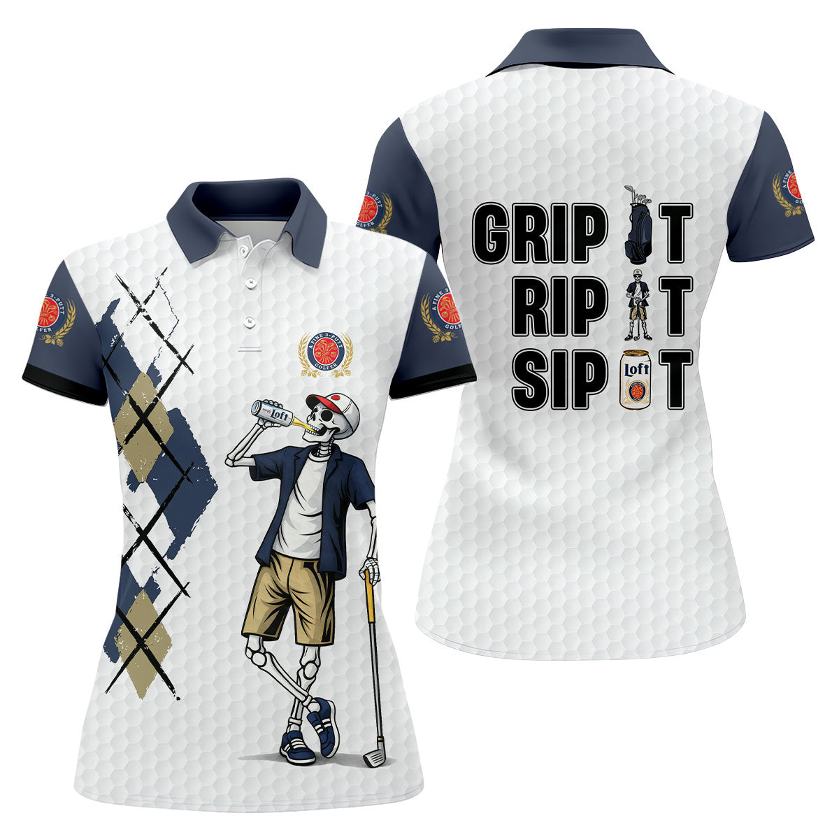 Funny Skeleton Golfer Drinking Beer Polo Shirt, Women’s Golf Apparel, Ladies Golf Shirts