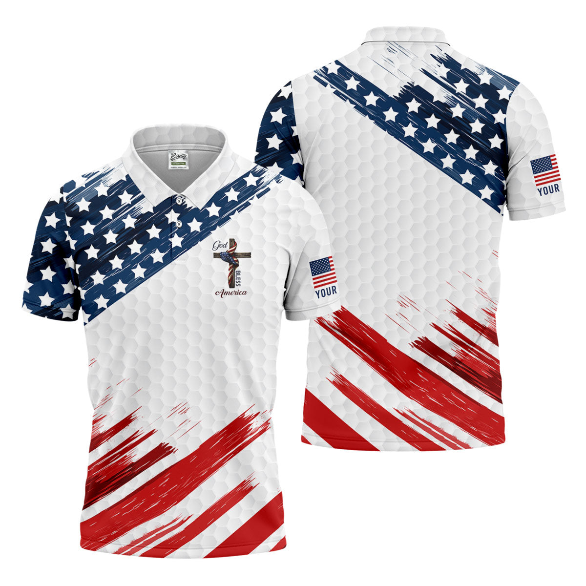 God Bless America Faith Cross US Flag Brush White Golf Shirt, Patriotic 4th Of July Golf Shirts For Men