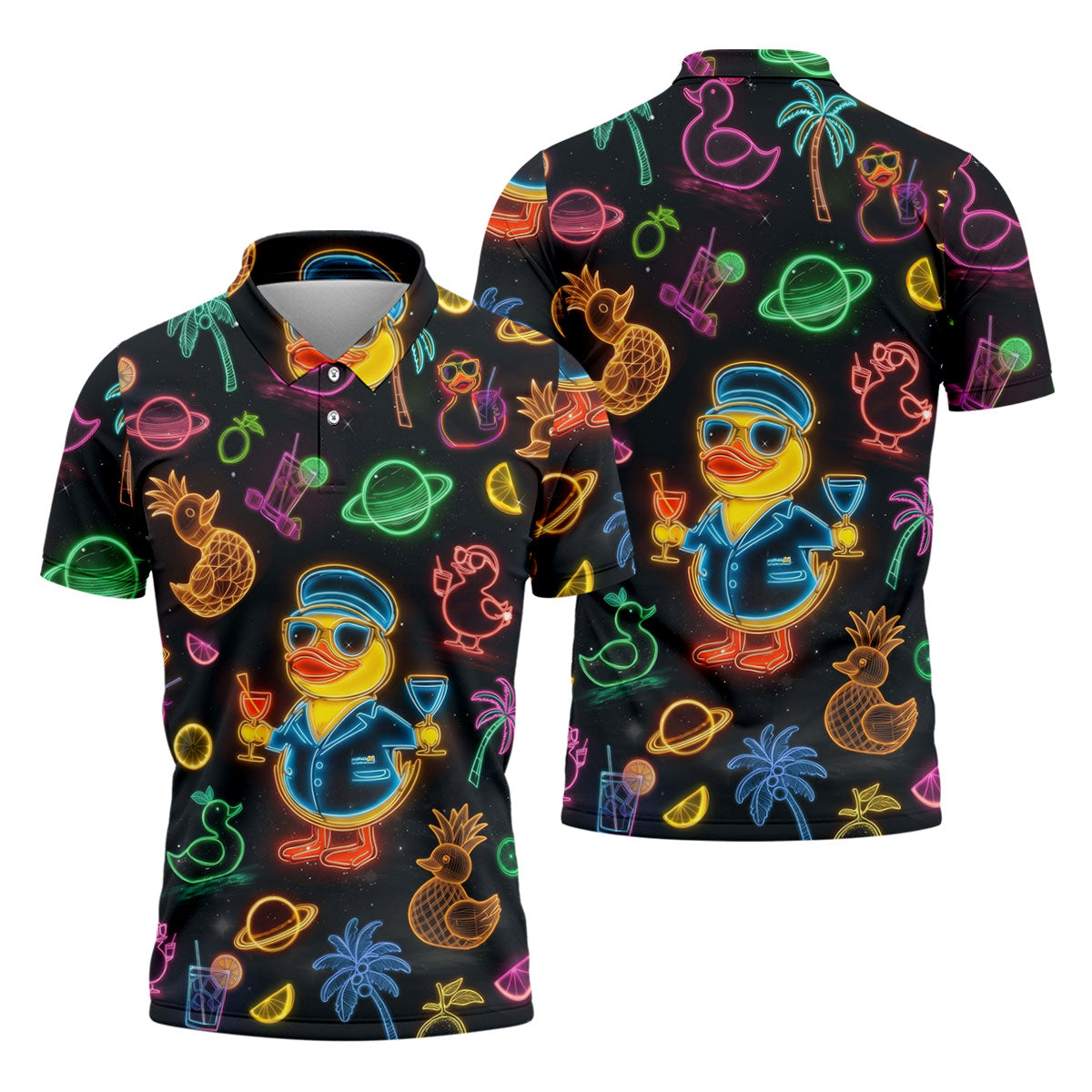 Jet Black Neon Duck Tropical Pattern Hawaiian Golf Shirt, Golf Shirts For Men, Polo Shirts For Men