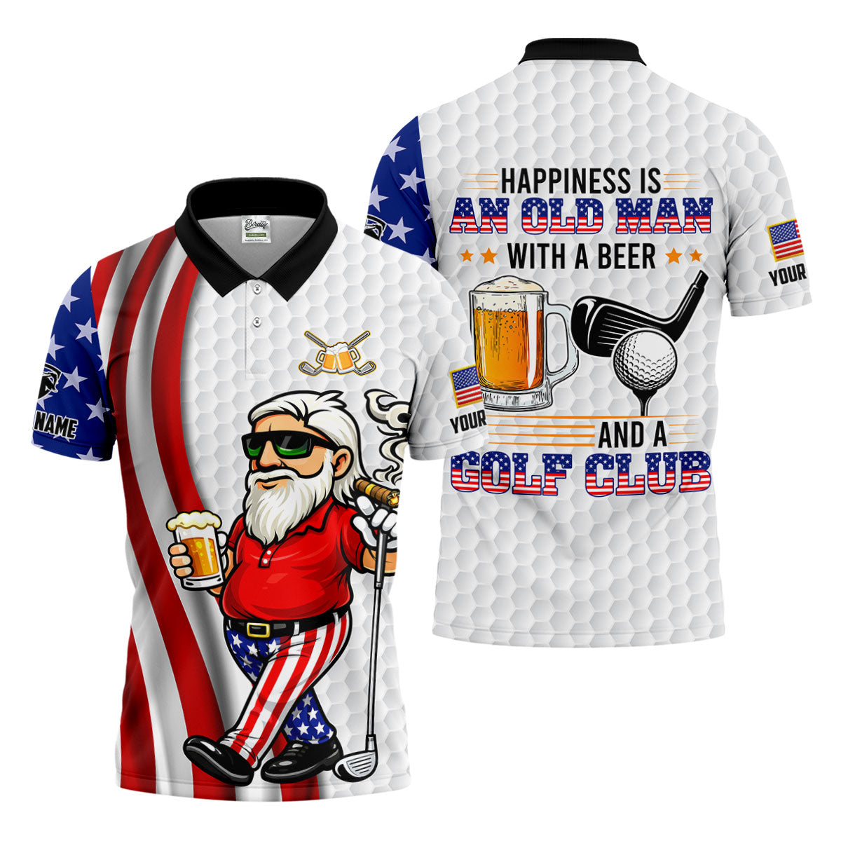 Happiness Is An Old Man With A Beer Funny 4th Of July White Golf Shirt, 250th Anniversary Golf Shirts For Men