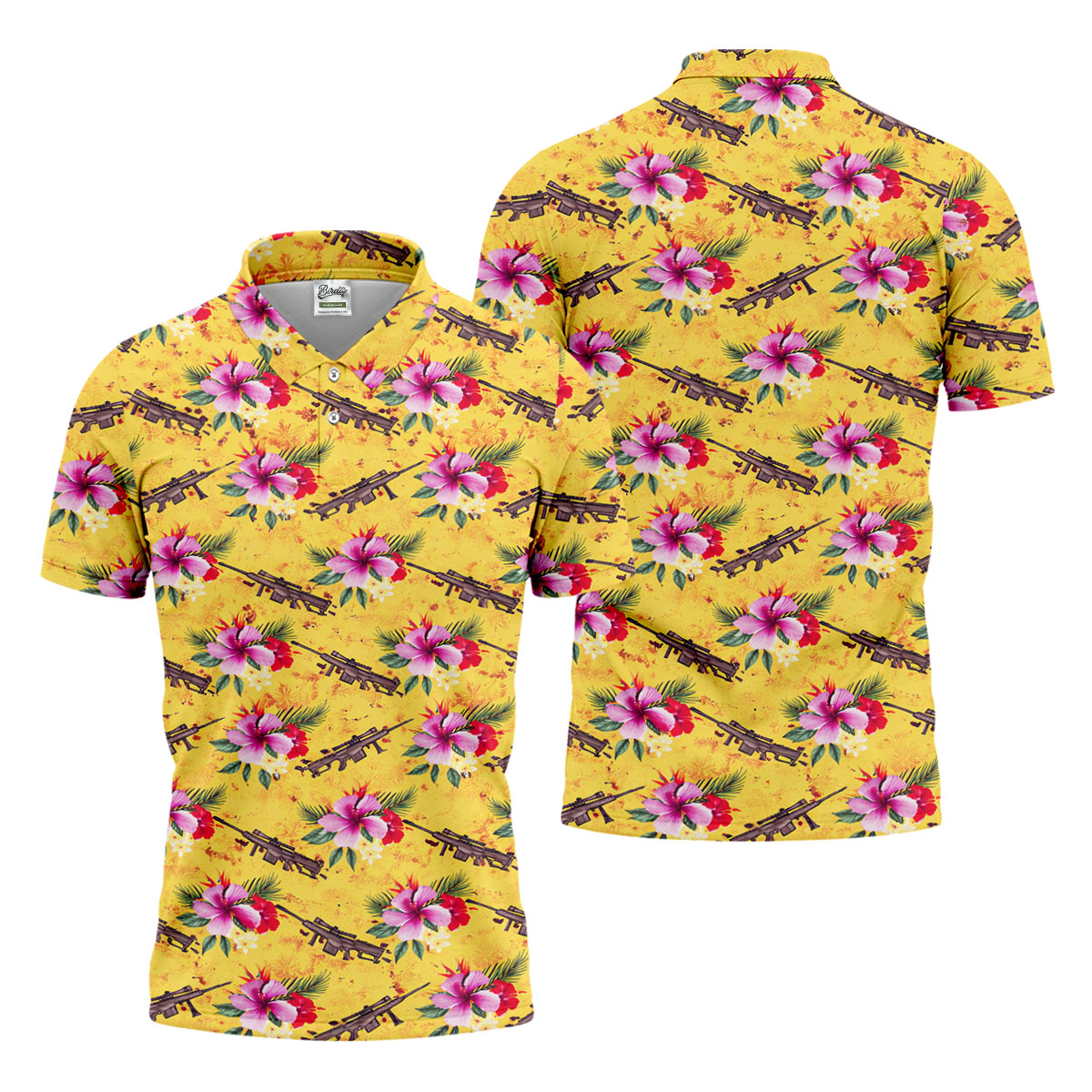 Floral Pattern Army Theme Hawaiian Yellow Golf Shirt, Men's Golf Polo Shirtlf Shirts For Men