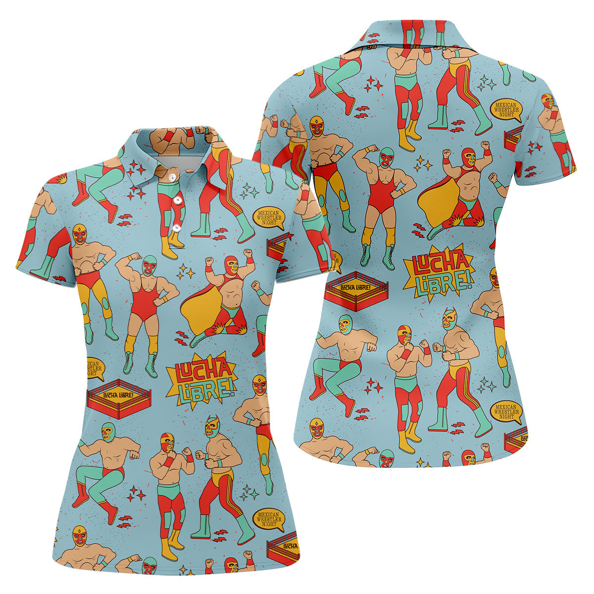 Blue Lucha Libre Mexican Wrestler Pattern Golf Shirt, Golf Tops For Women, Women’s Golf Apparel