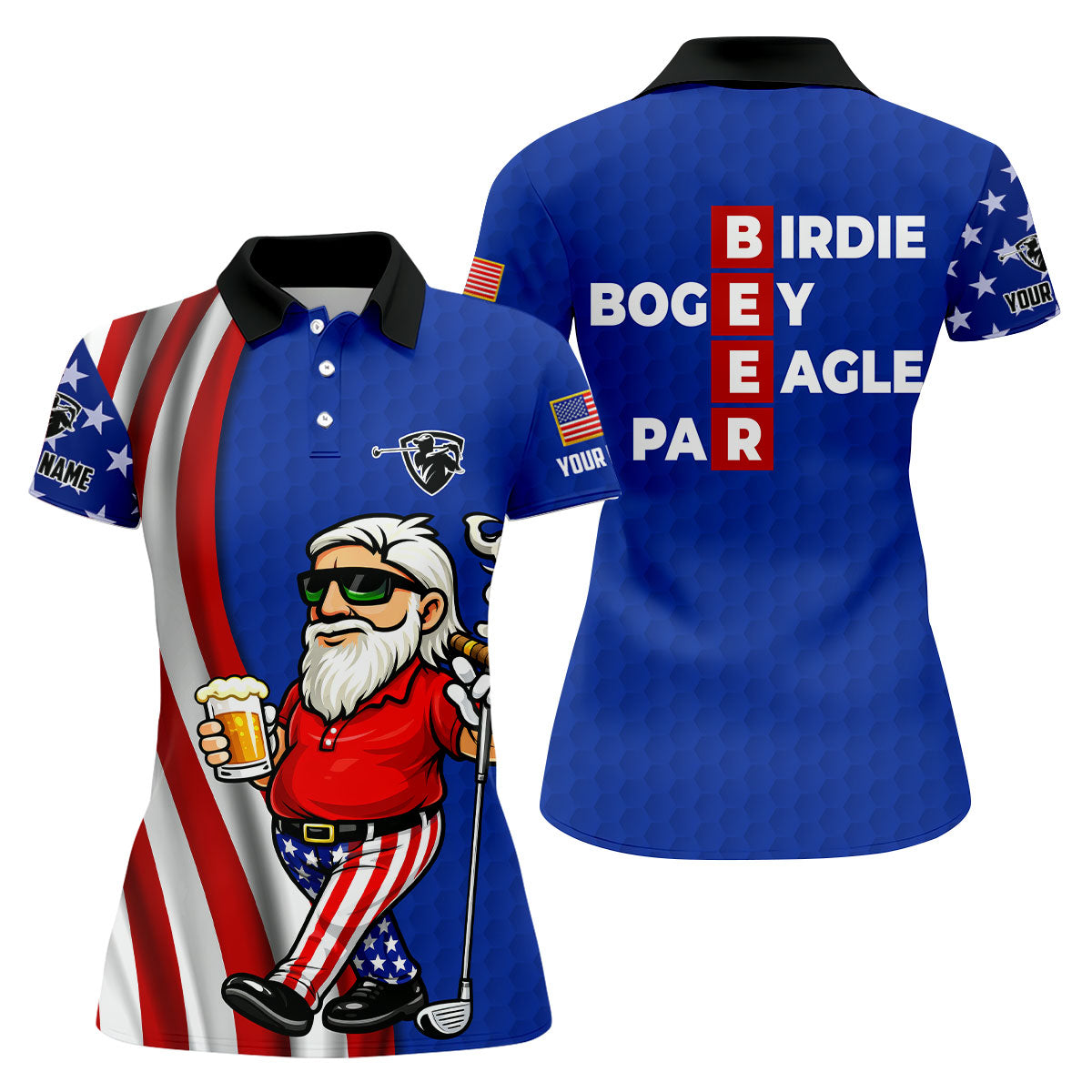 Patriotic Man Golf And Beer Funny 4th Of July Navy Golf Shirt, 250 Years Of America Women's Golf Tops