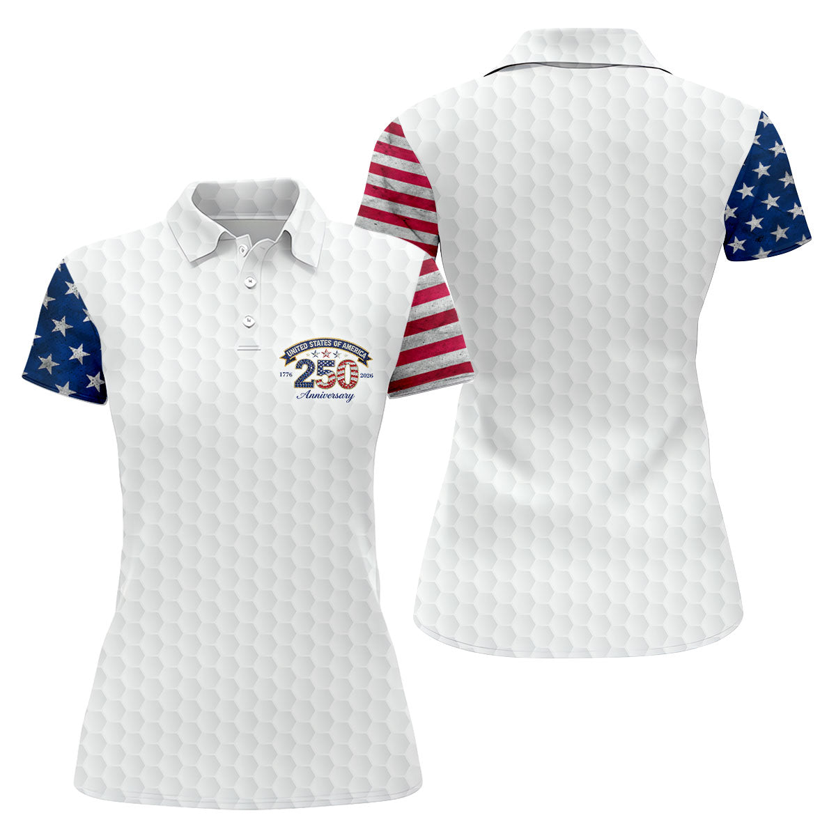 250th Anniversary Golf Ball Pattern White Golf Shirt, Patriotic 4th Of July Golf Shirt, Golf Shirt For Women