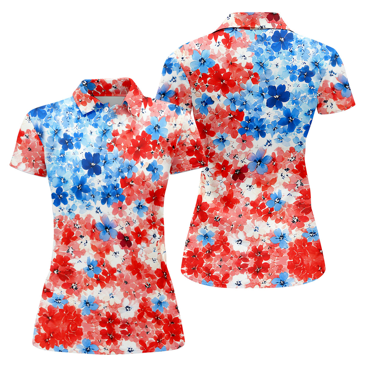 Patriotic Floral Golf Shirt, Red White Blue Blossom Pattern, Golf Shirt For Women