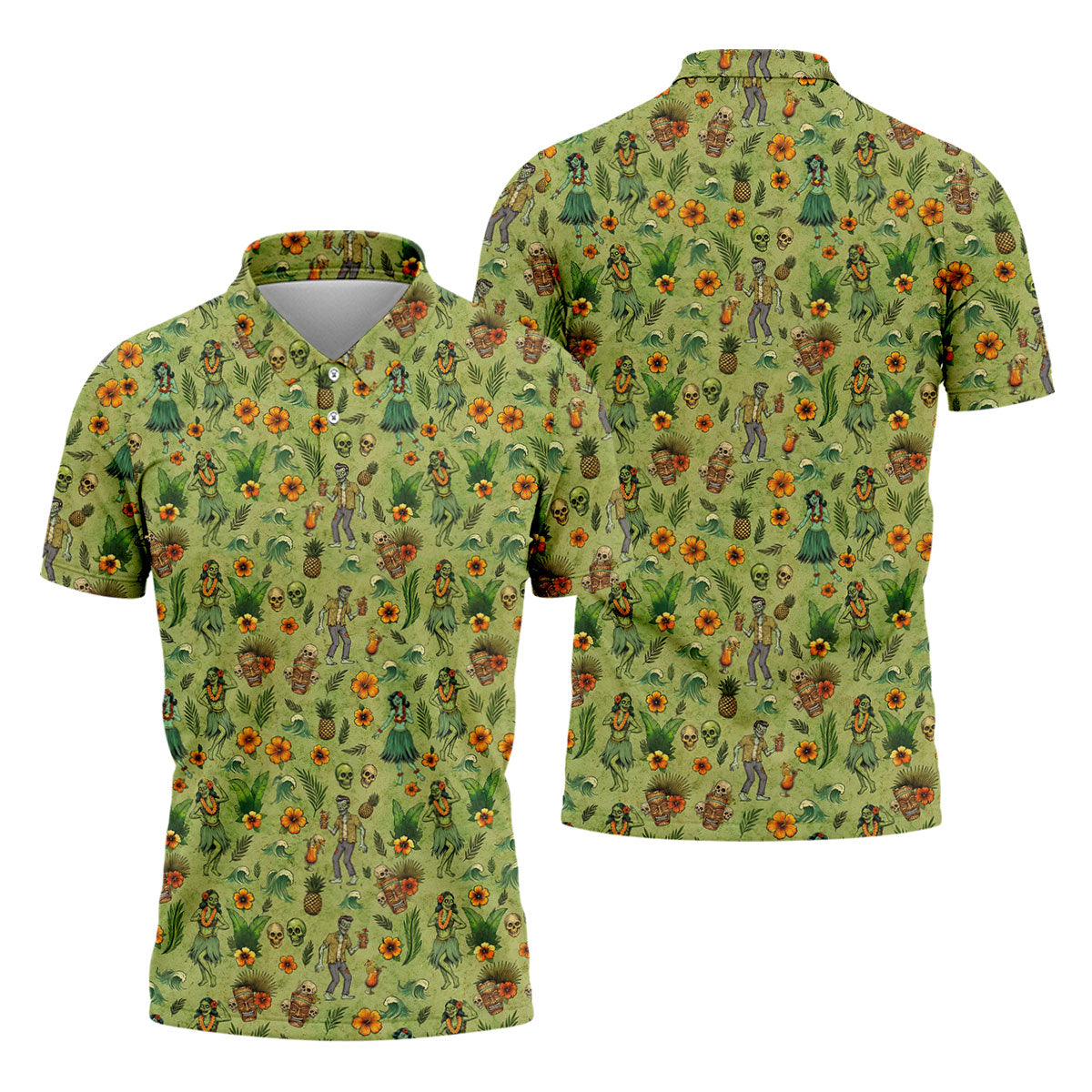 Tiki Zombie Hawaiian Golf Shirt, Hula Dancer Skull Pattern, Polo Shirts For Men