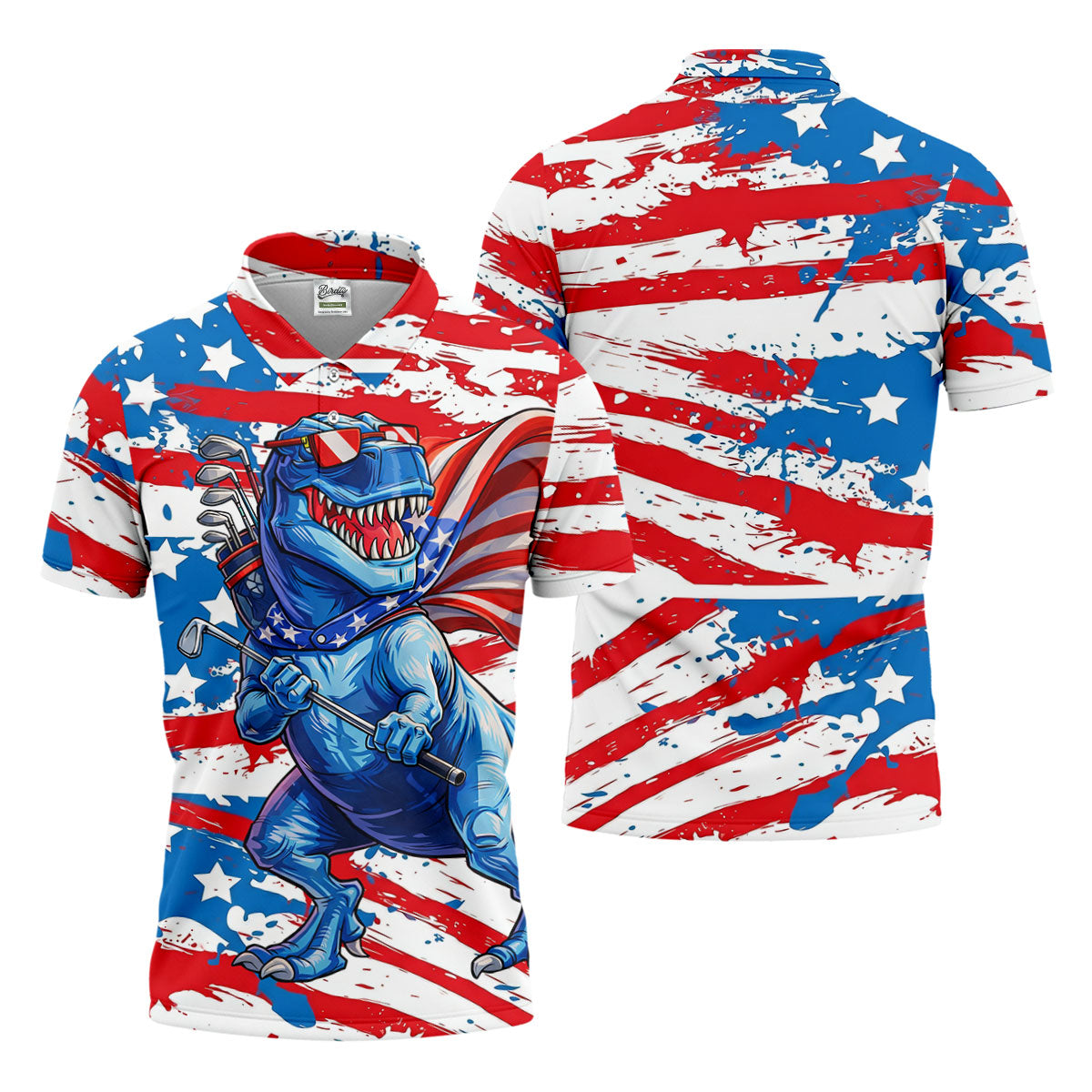 Funny Dinosaur USA Flag Print 250 Years Anniversary Golf Tops For Men, 4th Of July Patriotic Golf Shirt