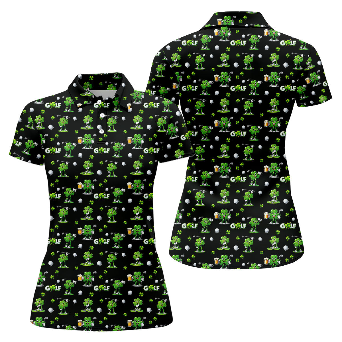 Three Leaf Clover Golf And Beer St Patrick's Day Black Golf Shirt, Women's Golf Shirts, Ladies Golf Polos