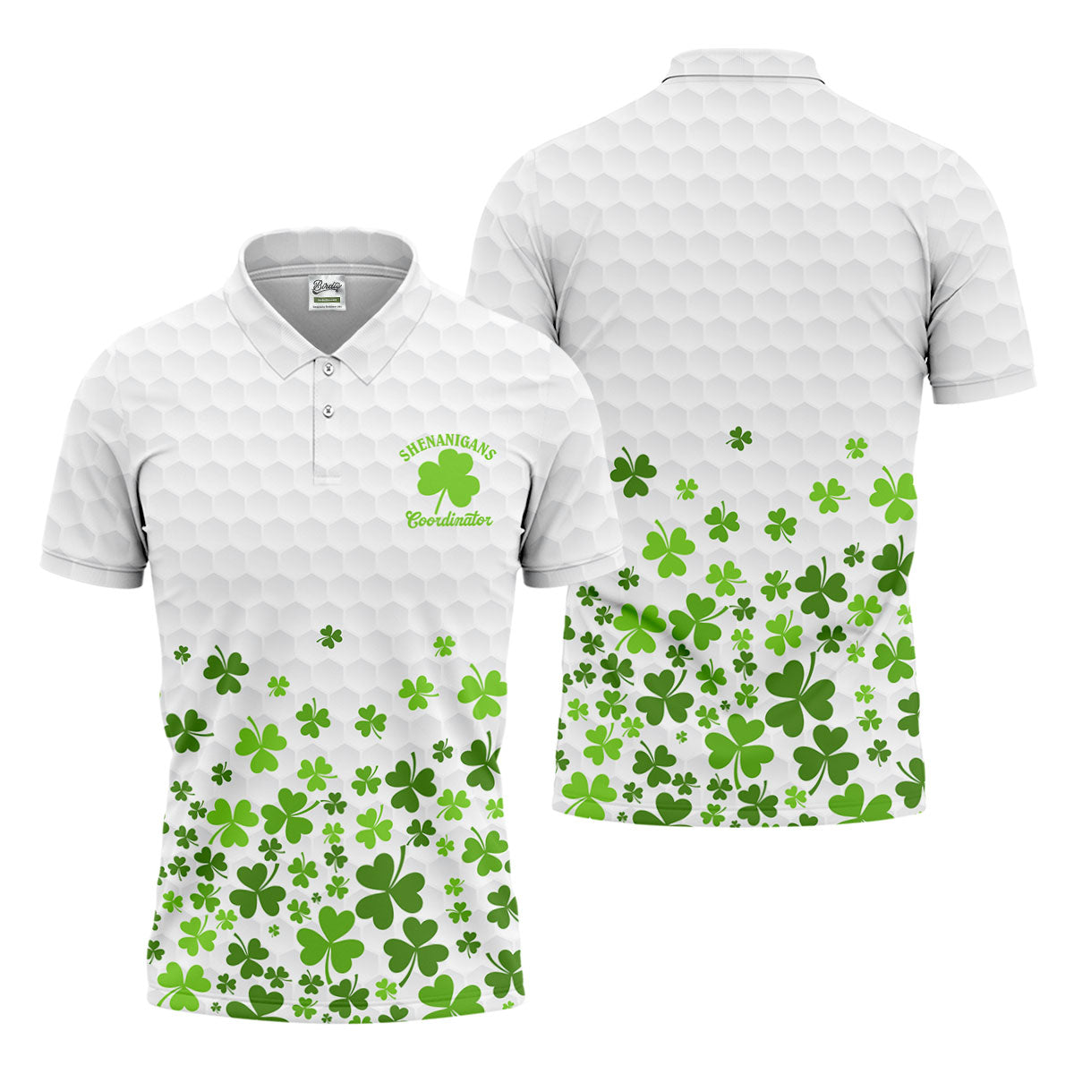 Shenanigans Coordinator Golf Ball Pattern St Patrick Day White Golf Shirt, Golf Tops For Men, Golf Shirts For Men