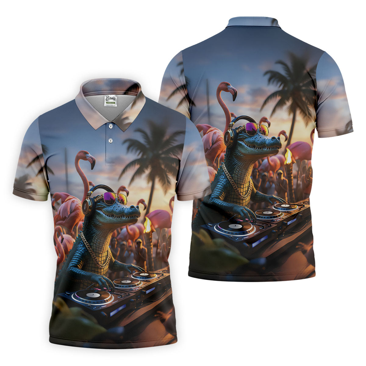 Funny Crocodile DJ Mardi Gras Festival Flamingo Golf Shirt, Polo ShirtFor Men, Golf Shirts For Men