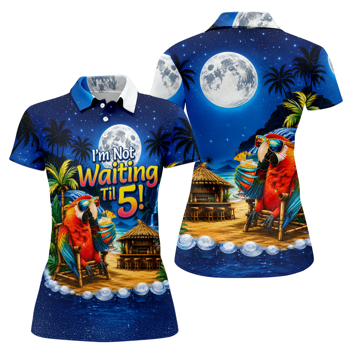 Parrot Drinking Cocktail Tiki Bar Not Waiting Til 5 Golf Shirt, Women’s Golf Polo, Golf Tops For Women, Printed Golf Shirt