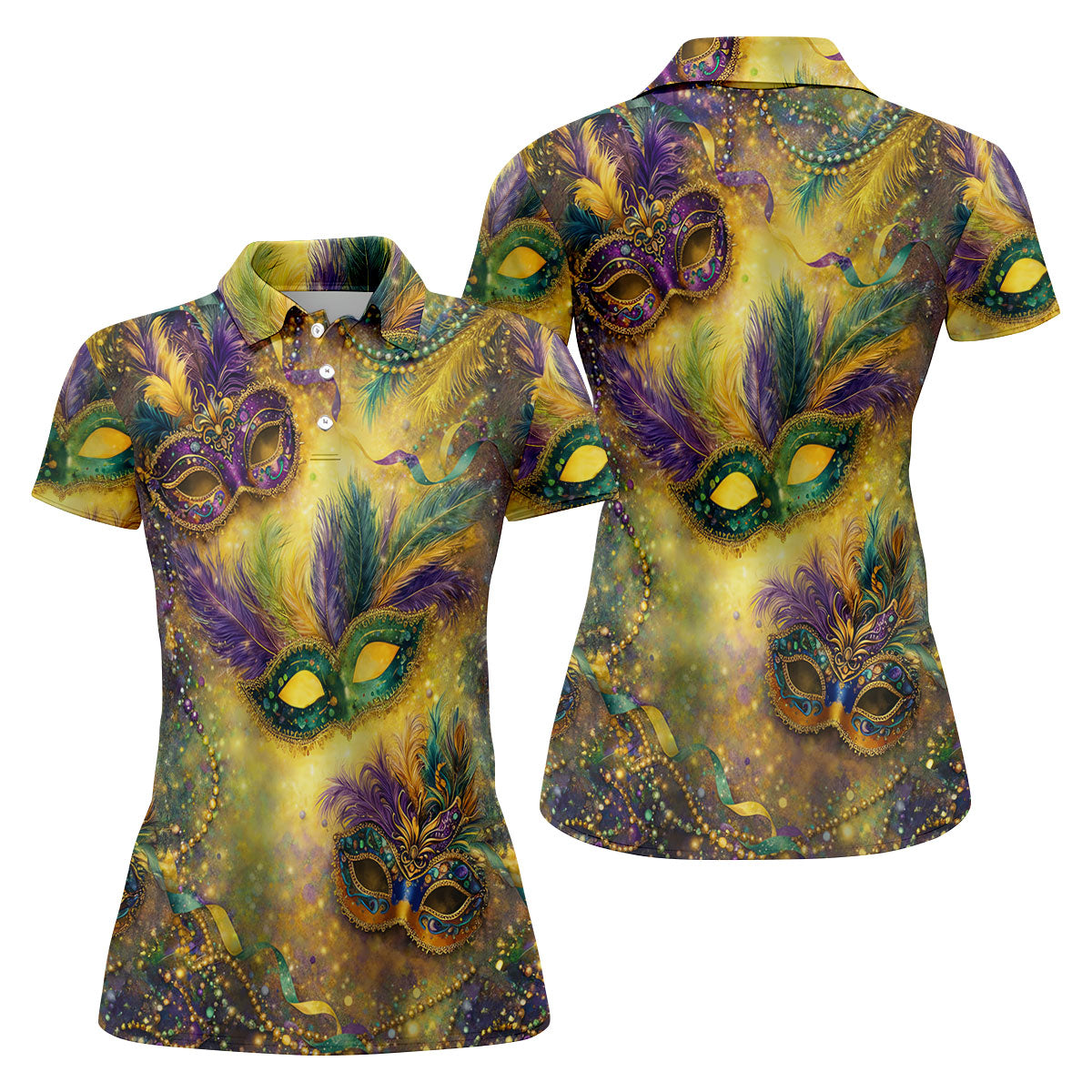 Masquerade Mask Beads Chain Sparkling Effect Mardi Gras Golf Shirt, Women's Golf Tops, Ladies Golf Shirts