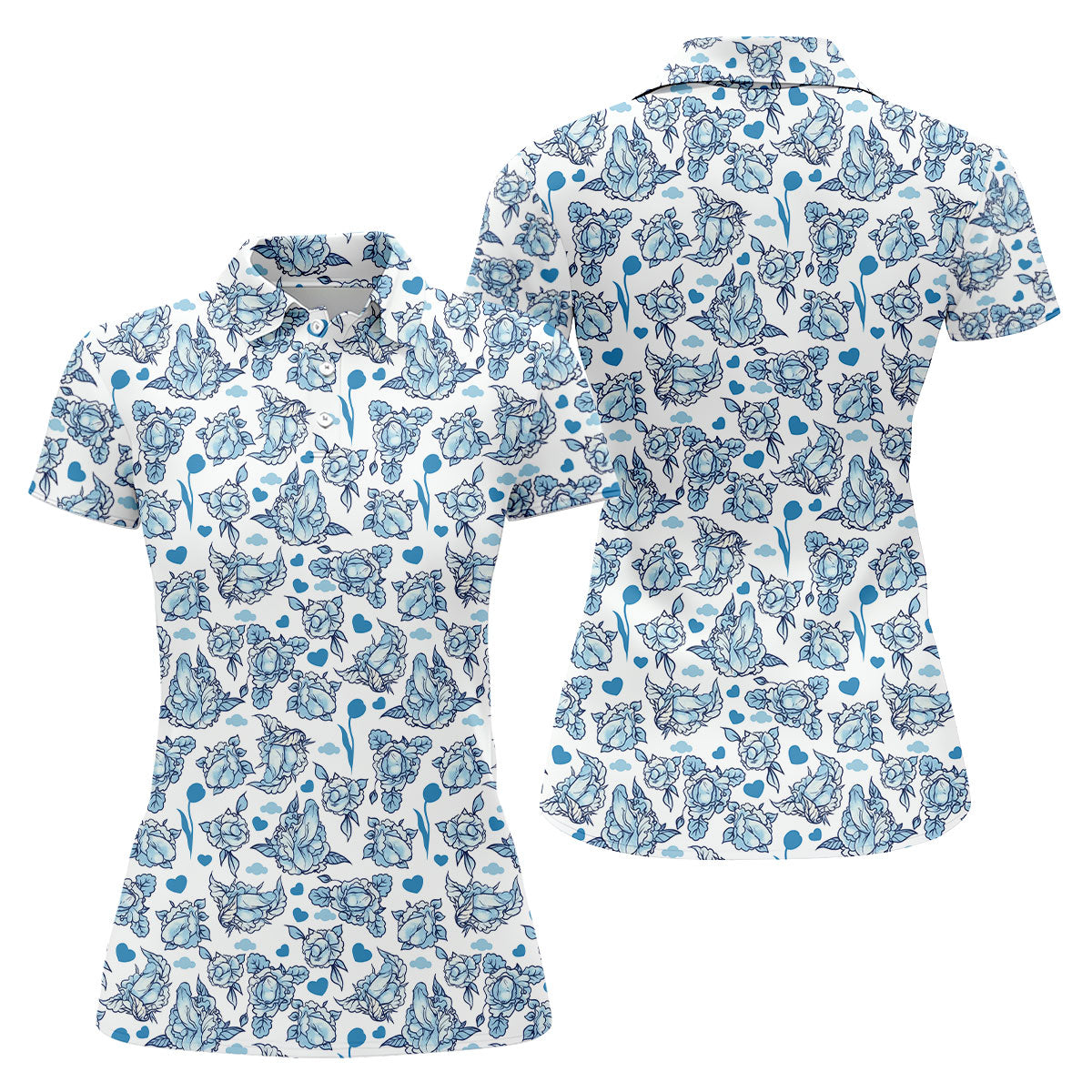 Blue Rose Floral Heart Pattern Golf Shirt, Women's Golf Tops, Golf Polo For Women