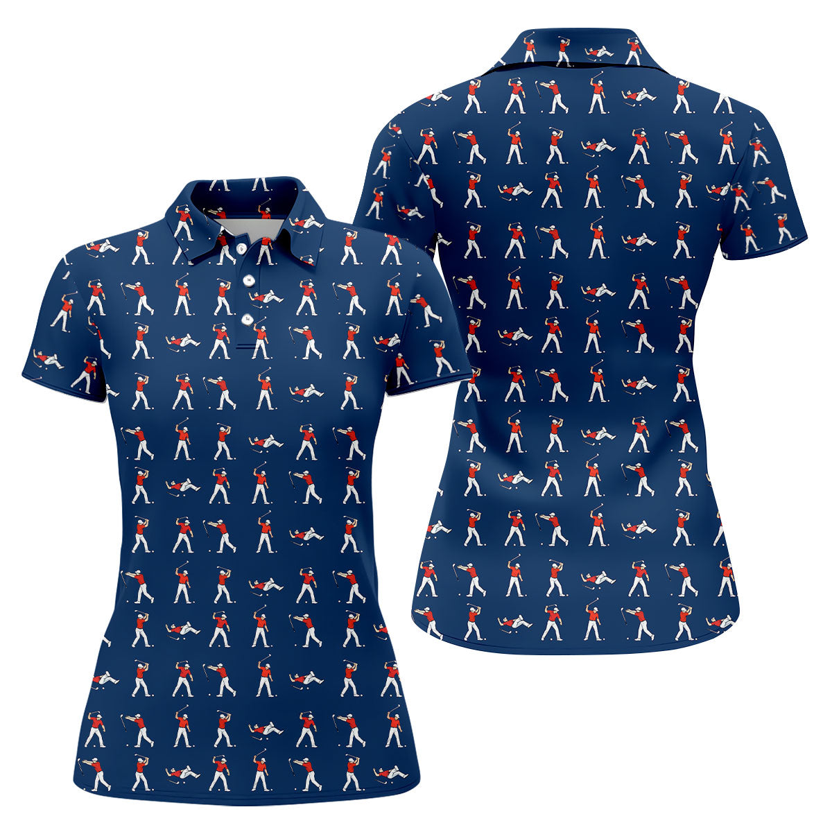 Cartoon Figures Golf Pose Navy Golf Shirt, Ladies Golf Shirts, Golf Shirt For Women, Ladies Golf Polos