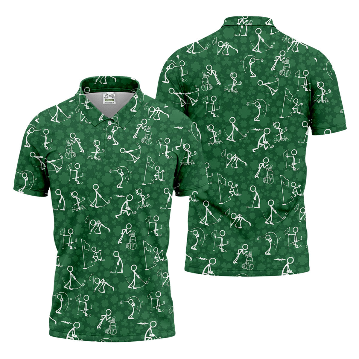 Stick Figure Golf Pose Shamrock Golf Shirt, St Patrick's Day Golf Tops For Men, Polo ShirtFor Men