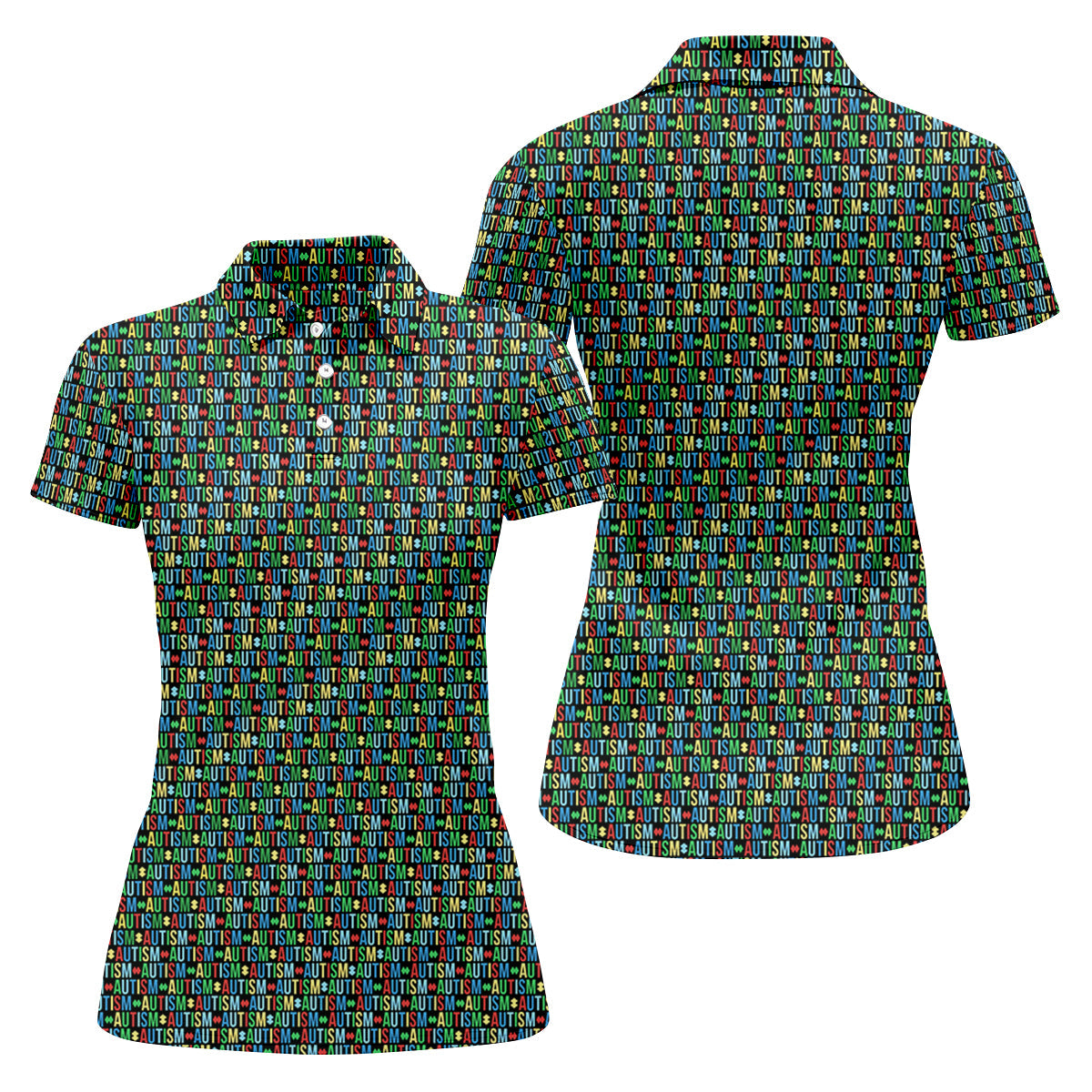 Autism Awareness Colorful Letters Seamless Pattern Ladies Golf Shirts, Golf Shirt For Women