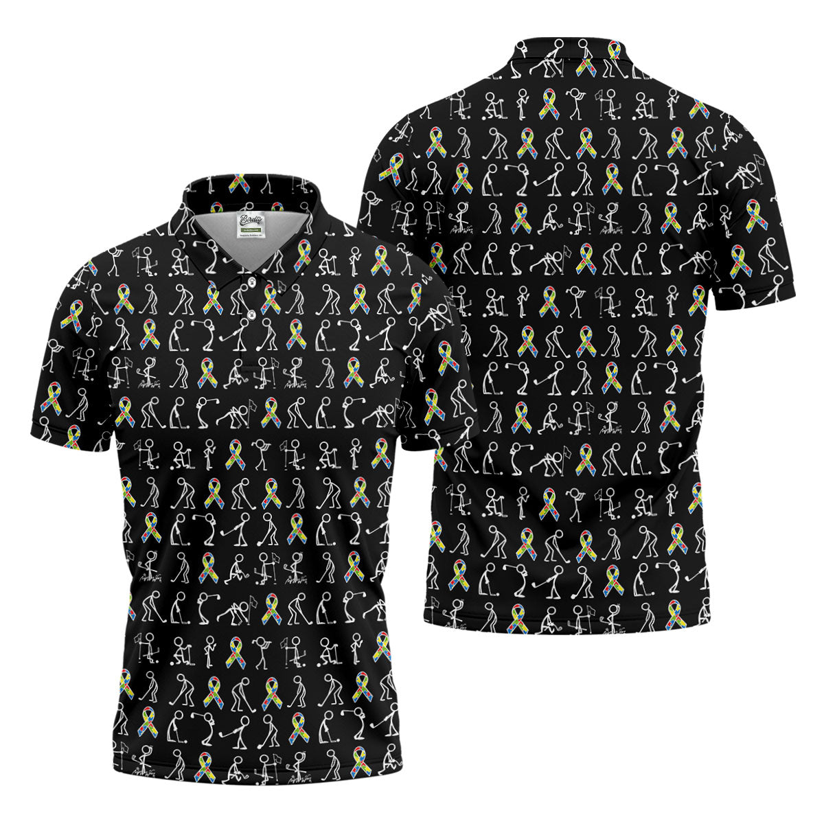 Stick Figure Golf Pose Autism Ribbon Black Golf Shirt, Autism Awareness Colors Golf Shirts For Men