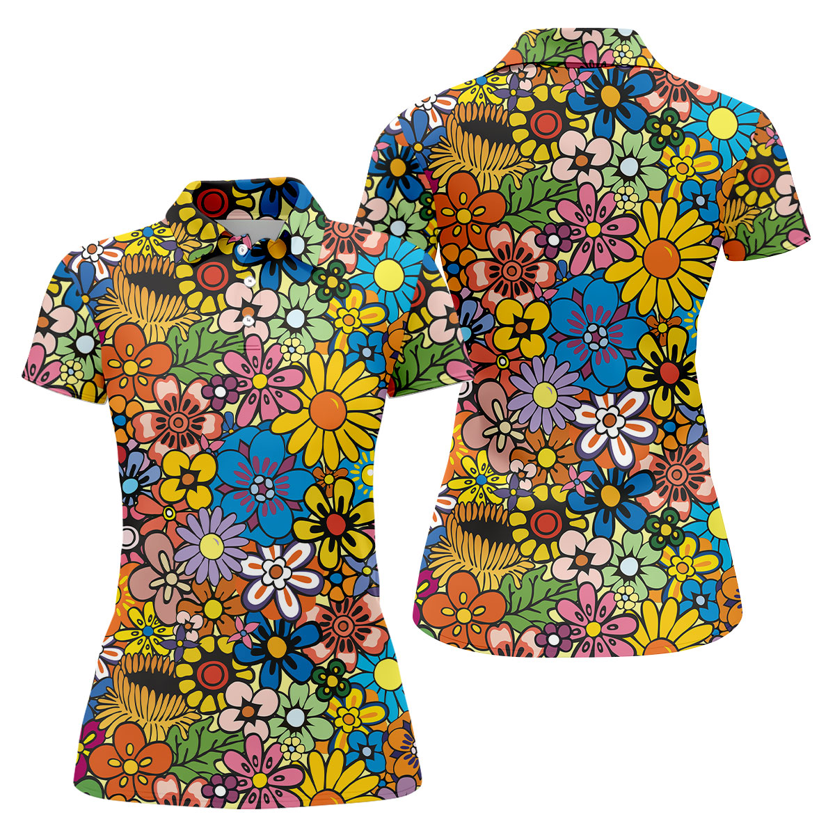 Multicolor Retro Flower Power Golf Shirt, Women’s Golf Tops, Hawaiian Golf Shirt, Golf Shirts For Women