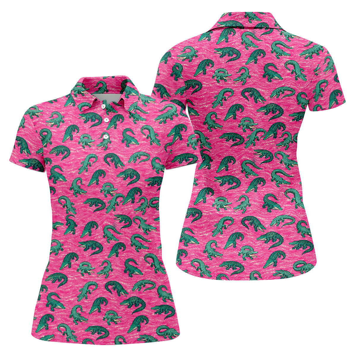 Alligator Pattern Golf Shirt, Pink Gator Print Men's Golf Polo, Polo Shirts For Women