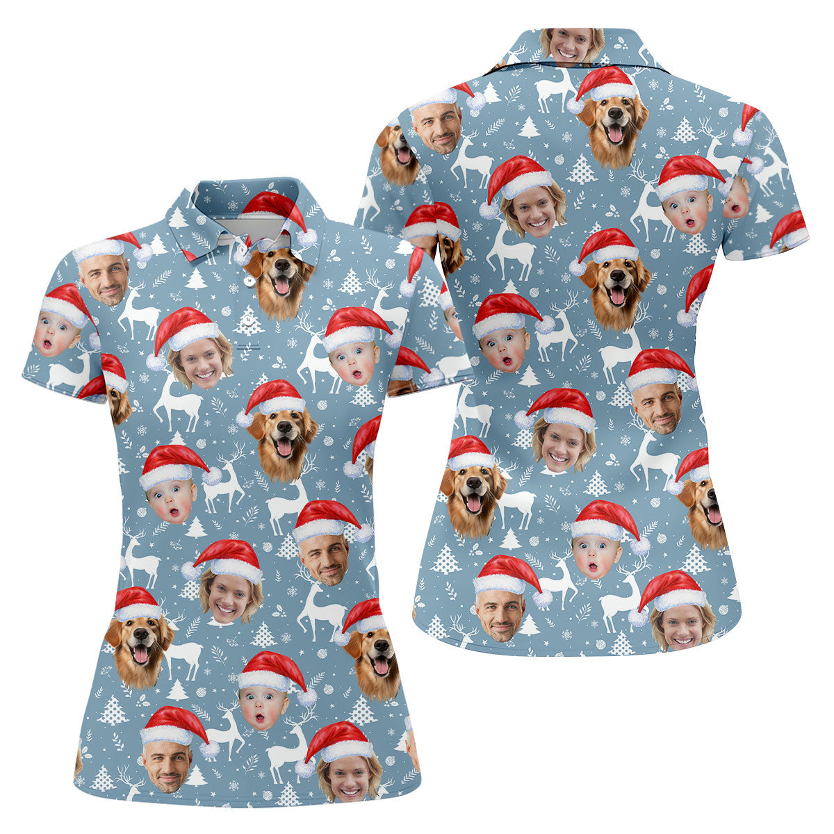 Custom Face Reindeer Pattern Ice Blue Christmas Golf Shirt, Women's Golf Tops, Golf Gift For Ladies
