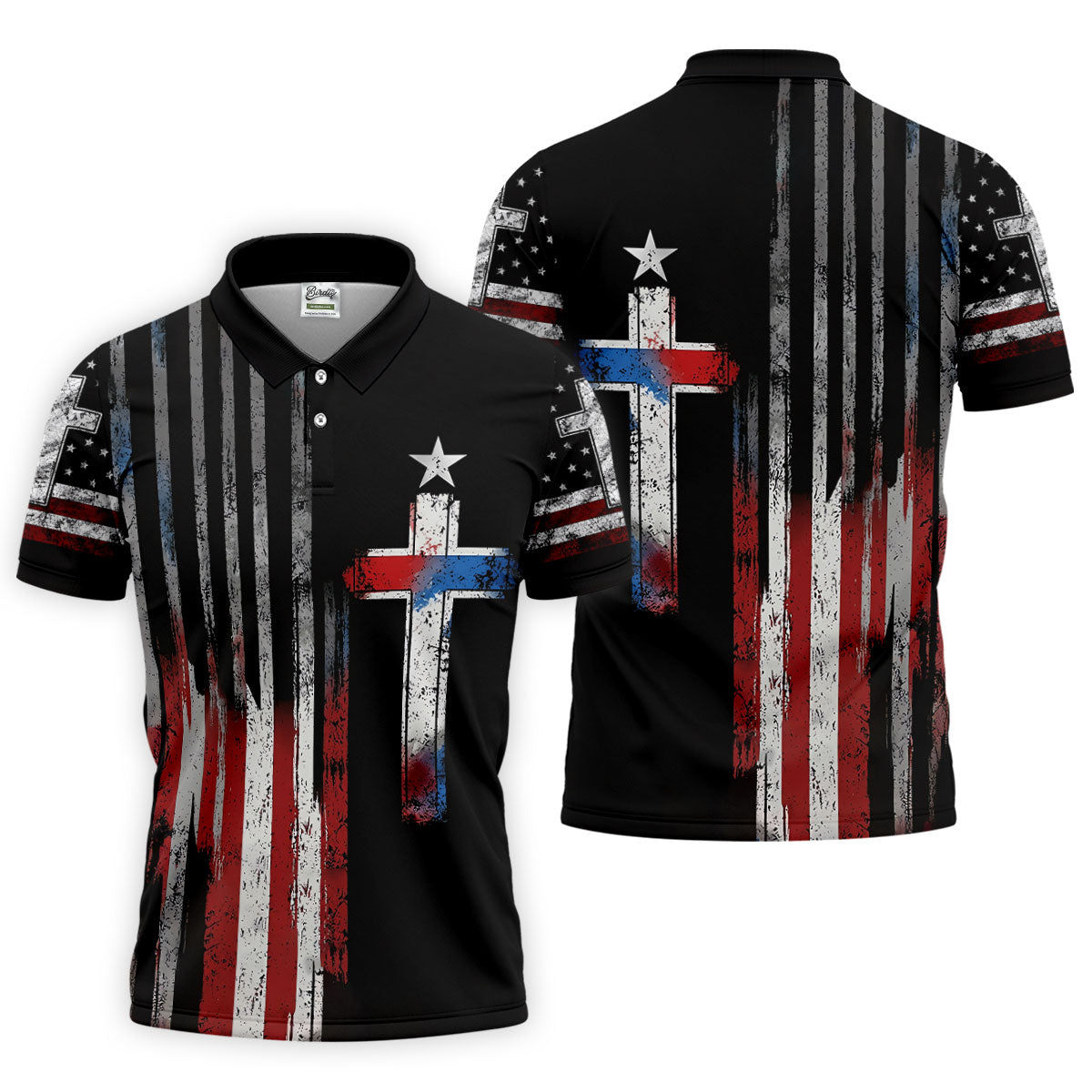 Faith Cross US Flag Golf Shirt, 250 Years Retro Golf Shirt, Patriotic 4th Of July Polo Shirt Men