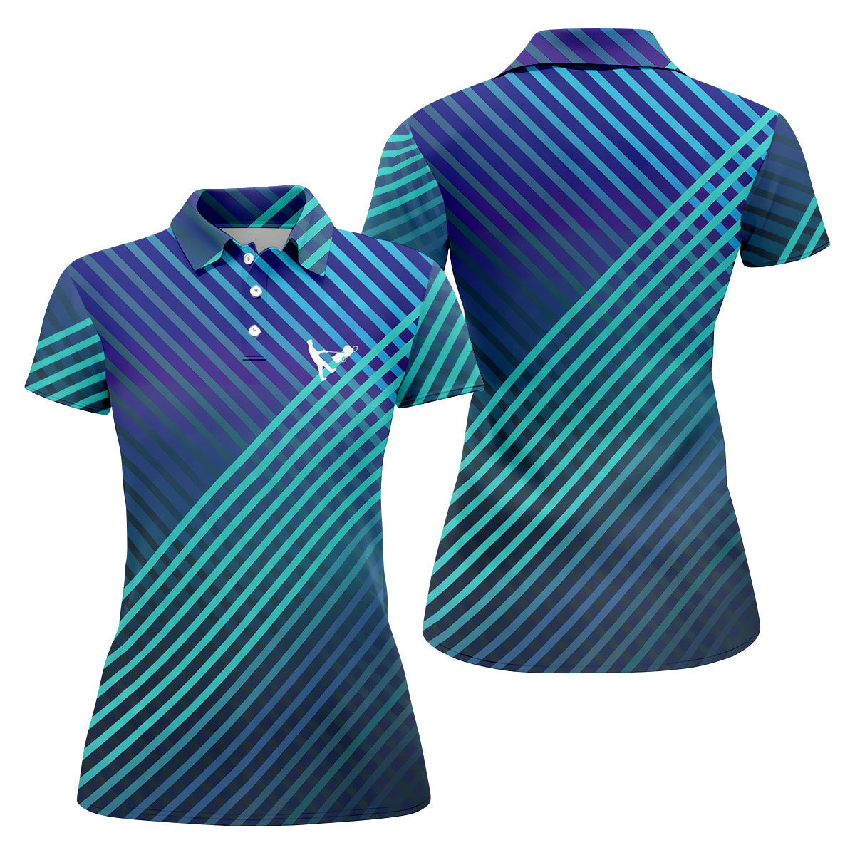 Teal And Purple Striped Pattern Women's Golf Tops, Performance Golf Shirt, Ladies Golf Shirts