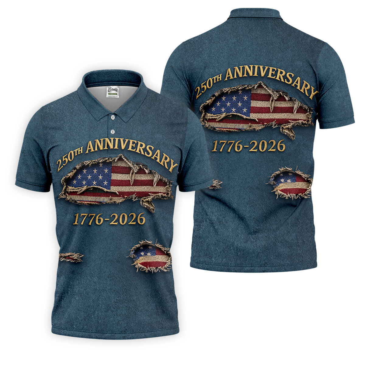 Patriotic American Flag 250th Anniversary Blue Denim Color Ripped Effect Golf Shirts For Men, Polo ShirtFor Men
