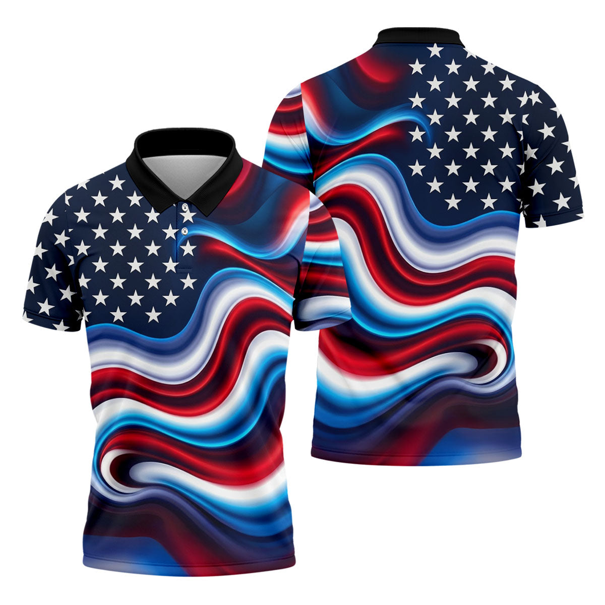 Star Pattern Red White Blue Wavy Stripes 250th Anniversary, Patriotic 4th Of July Golf Shirts For Men